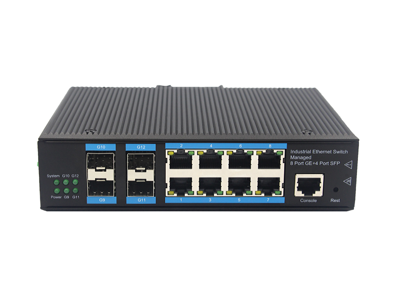 Conmutador Ethernet Industrial gestionado por 10M 100M, 10M, 4 puertos SFP, 8 puertos RJ45